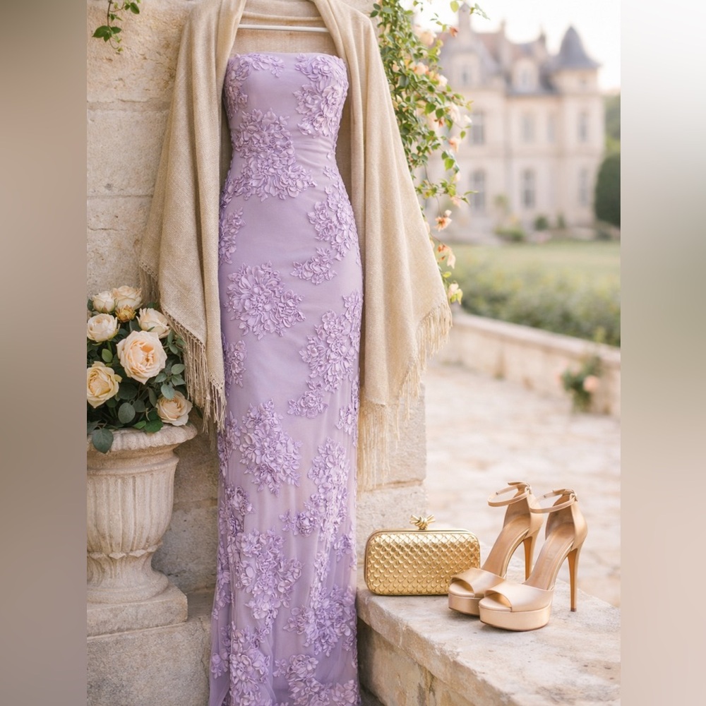 ROTATE 3D Floral Mesh Maxi Dress Lavender Aura Strapless Gown EU 38 NWT